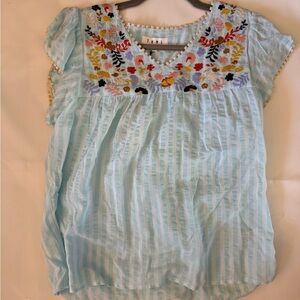 THML Floral Embroidered Light Blue Striped Blouse